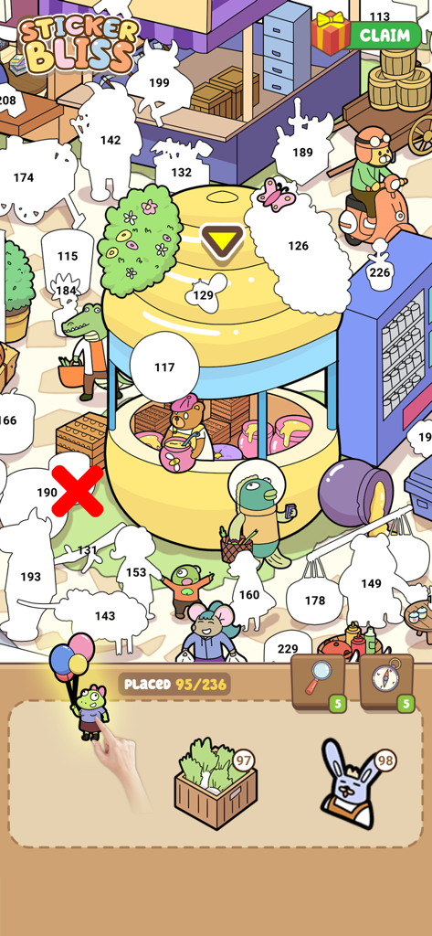 Sticker matching gameplay in Sticker Bliss Color Book featuring cute animals and numbered puzzles