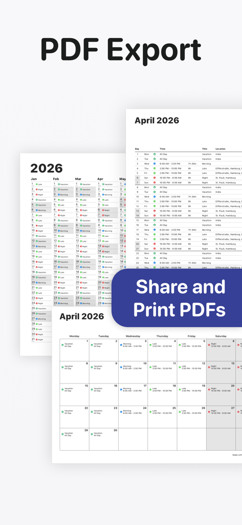 Supershift Shift Work Calendar - Interfaz de la aplicación móvil Supershift que demuestra cómo compartir e imprimir un calendario de trabajo por turnos como PDF.