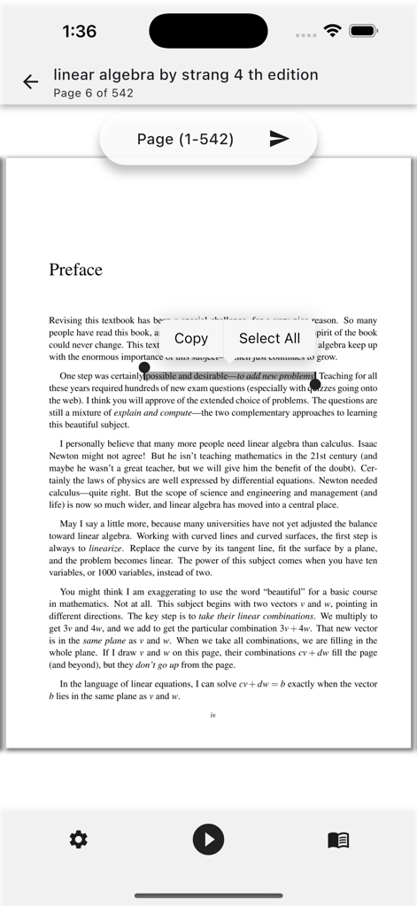 PDF Voice Reader TTS Audiobook - PDF Voice Reader app displaying a textbook preface with text selection tools and document navigation