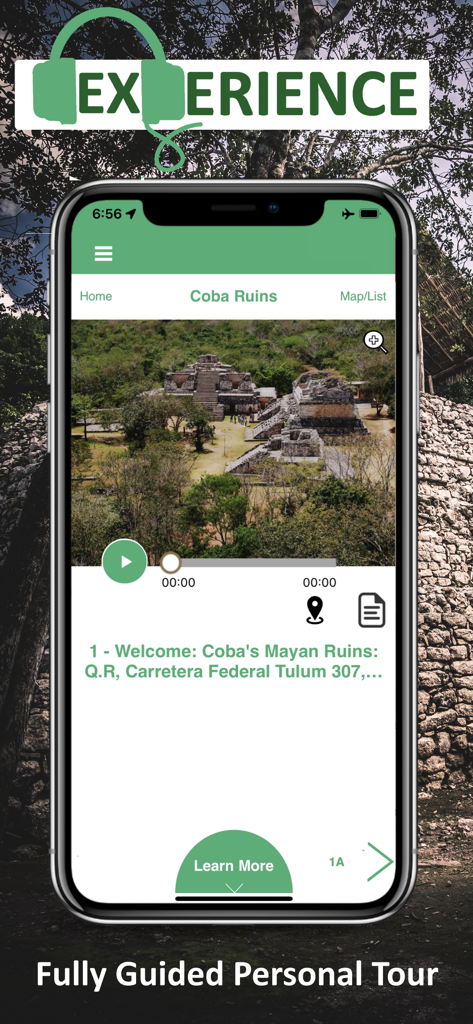 Coba Ruins Cancun Mexico Guide - Coba Ruins mobile app interface showing a fully guided personal audio tour of the Mayan ruins