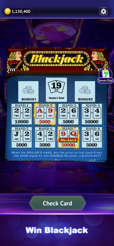 Virtual Blackjack scratch card showing winning hands and gold coin prizes in the Scratch Ace app