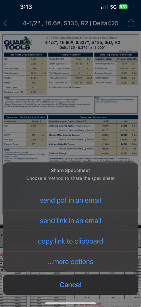 Superposición del menú de compartir en una hoja de especificaciones de tubería de perforación en la aplicación Quail Tools