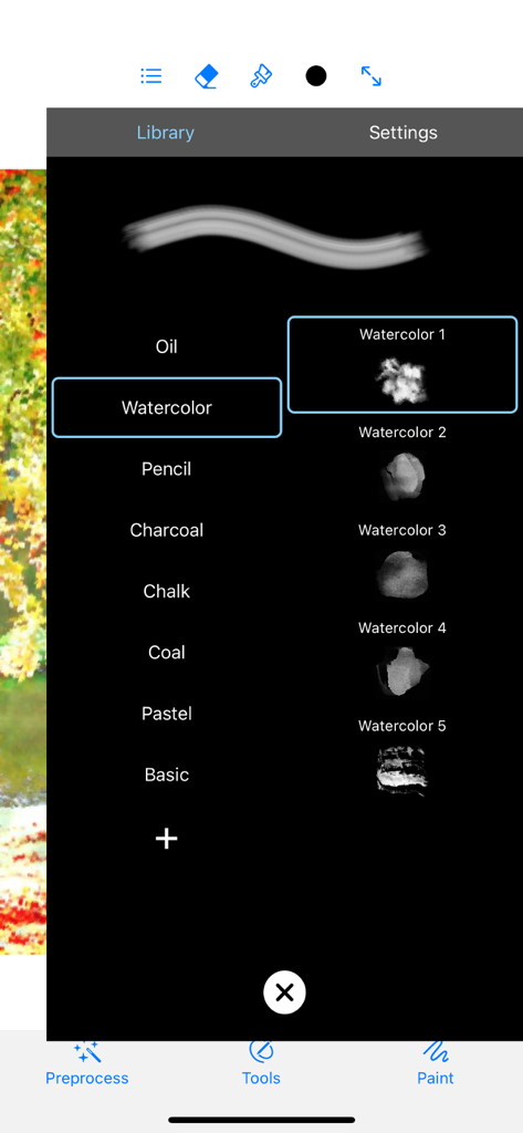 Monet - photo to pastel - Interface of the Monet app showing various digital art brush options including watercolor oil and pencil textures