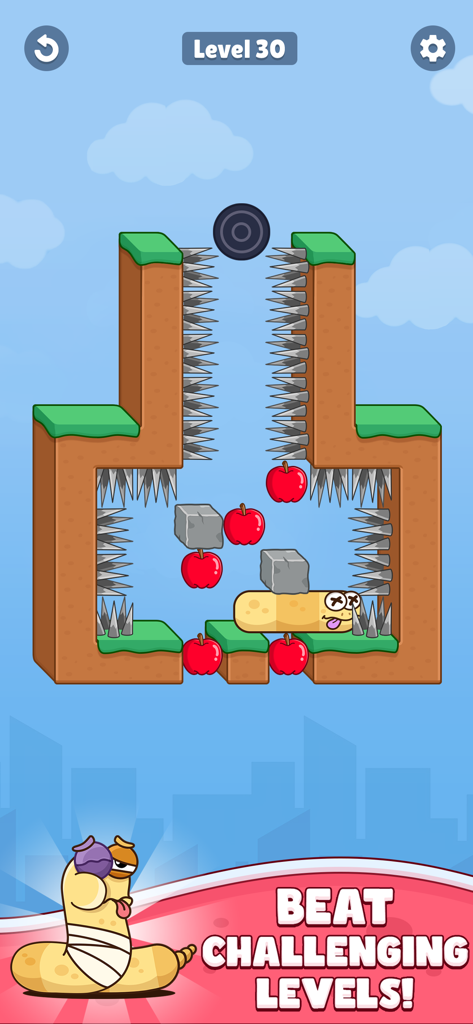 Snake Puzzle: Slither Master - A yellow snake navigating a puzzle level with spikes and apples in Snake Puzzle Slither Master