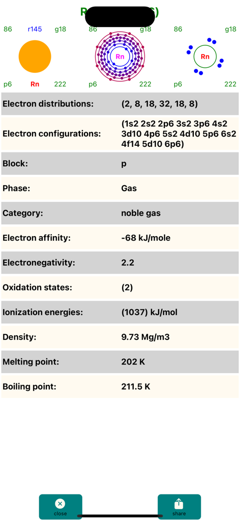 Periodic-Table-Elements Pro - Propriétés chimiques détaillées et modèles atomiques du Radon, y compris la distribution électronique et la structure de Lewis.