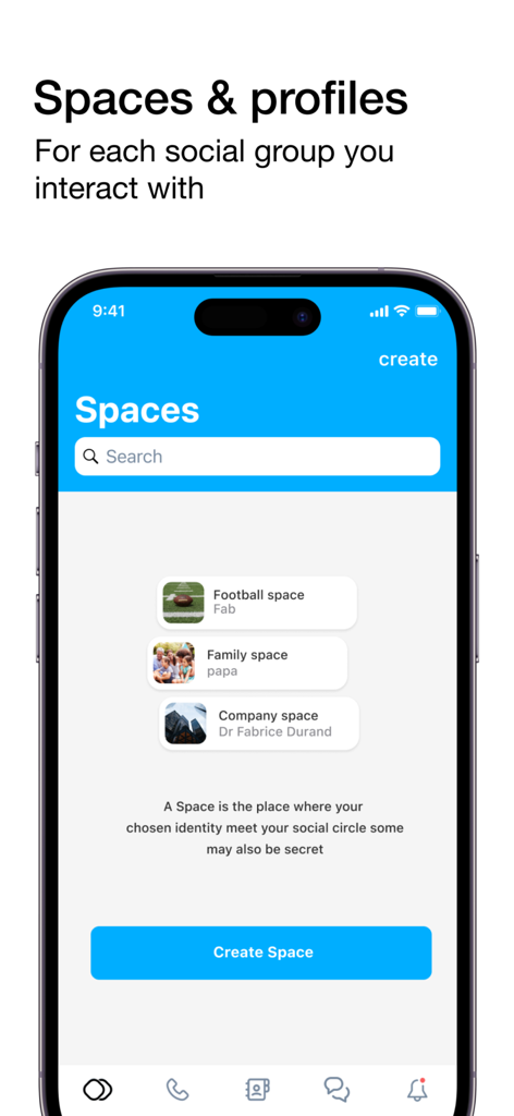 twinme+ private messenger - Smartphone screen displaying the twinme plus Spaces feature with separate profiles for football family and company social groups