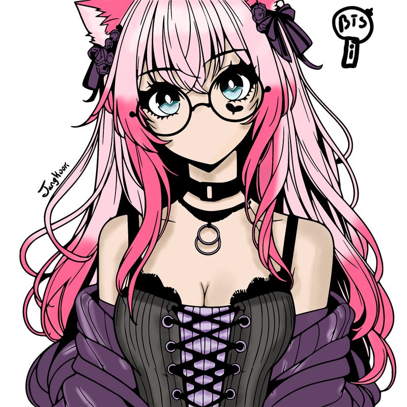 anime girl realistic with hot glasses and cat ears