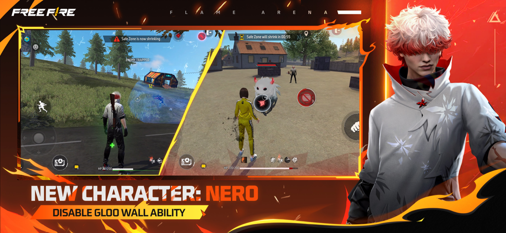 Vista previa del juego del nuevo personaje Nero en Free Fire con su habilidad única para desactivar muros Gloo.