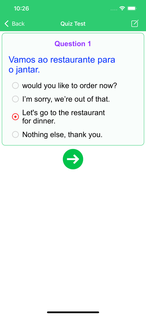Learn Brazilian Portuguese Pre - A translation quiz screen in the Learn Brazilian Portuguese app showing a multiple choice question.