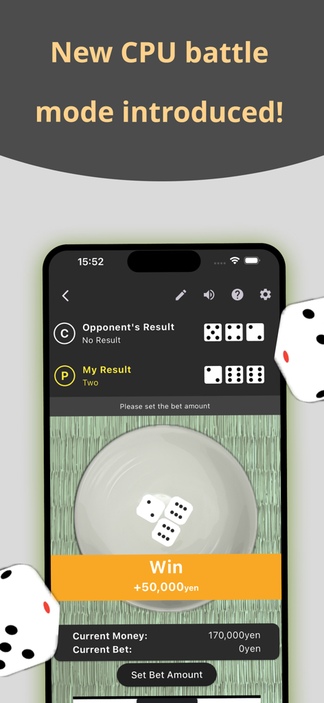 CHINCHIRO - Chinchiro Japanese dice game app showing a winning CPU battle result
