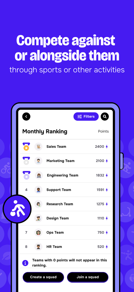 Classement mensuel des équipes dans l'application United Heroes montrant les classements des départements d'entreprise basés sur les points d'activité physique.