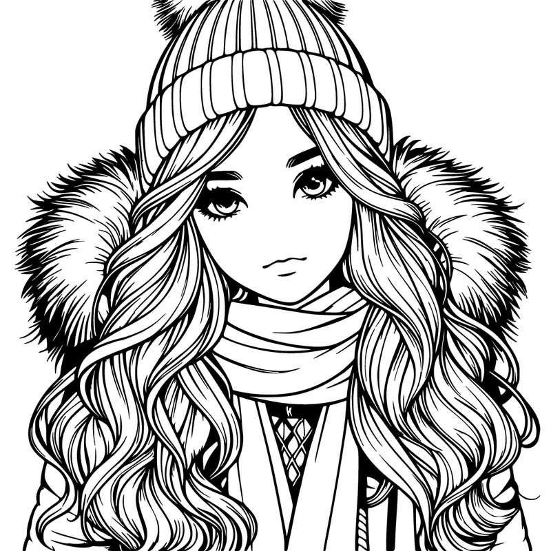 realistic girl with winterhat jacket longhair scarf and boots