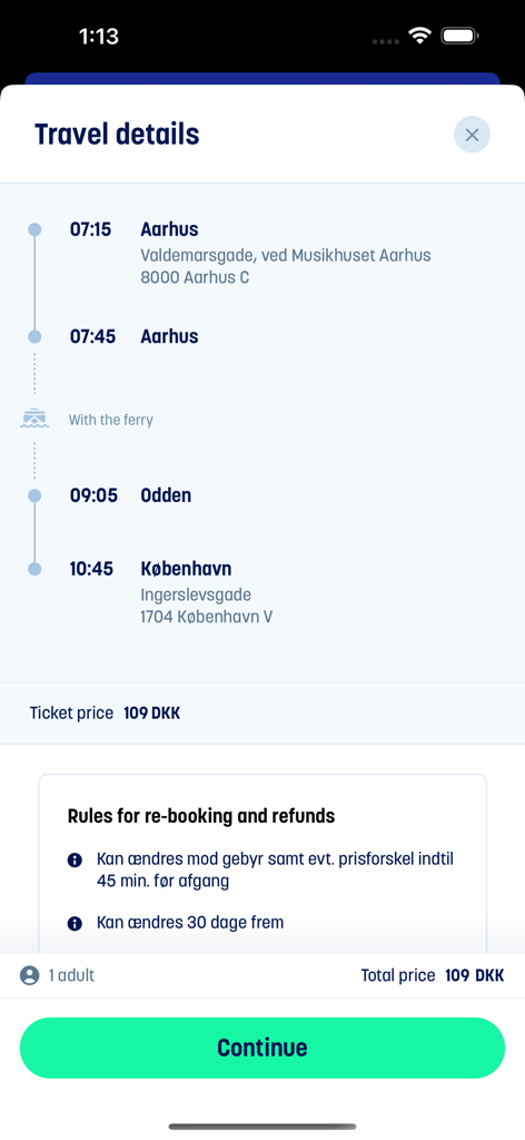 Kombardo Expressen - Travel itinerary screen in the Kombardo Expressen app showing a route from Aarhus to Copenhagen with ferry connection
