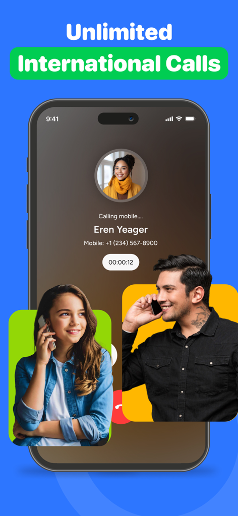 Interface de smartphone mostrando uma chamada internacional ativa usando um aplicativo de segundo número de telefone