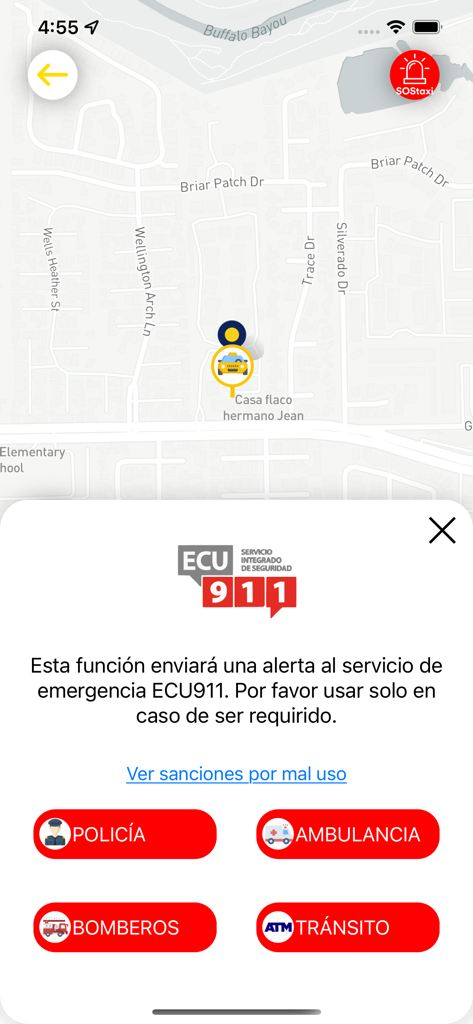 Un Taxi - Notfall-Alarm-Oberfläche der Un Taxi App mit Optionen zum Anrufen von Polizei, Krankenwagen, Feuerwehr oder Verkehrsdiensten über ECU 911.