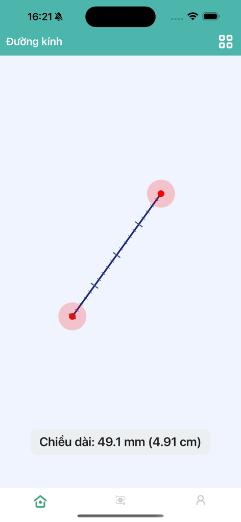 ToolX: Pocket Measure Ultimate - Digital diameter tool in ToolX app measuring a distance of 49.1 millimeters on a mobile screen