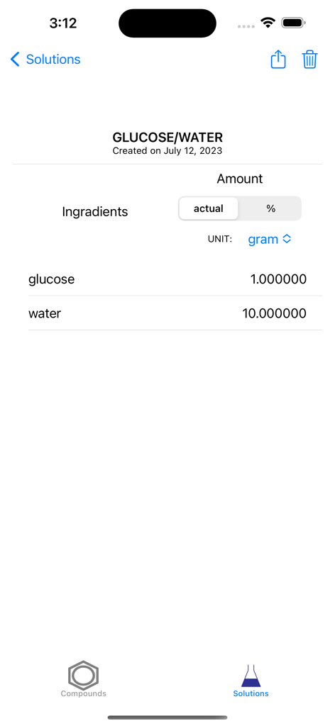 Search PubChem - Search PubChem app screen showing the ingredients and weights for a glucose and water solution.