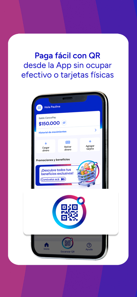 CencoPay, tu billetera digital - Interfaz de la aplicación móvil CencoPay que muestra un saldo de billetera digital y la opción de pago con código QR