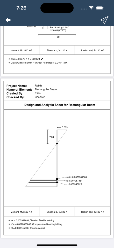 Hoja detallada de diseño y análisis estructural para una viga rectangular que muestra un diagrama de distribución de deformaciones y cálculos de ingeniería.