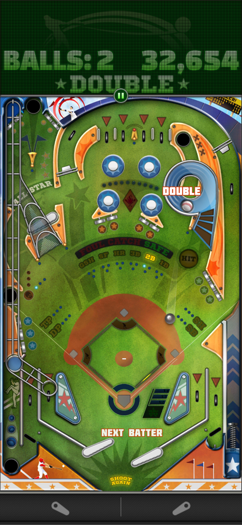 Gameplay screenshot of Pinball Deluxe Reloaded showing the baseball themed Fastball table with a green field and digital score display