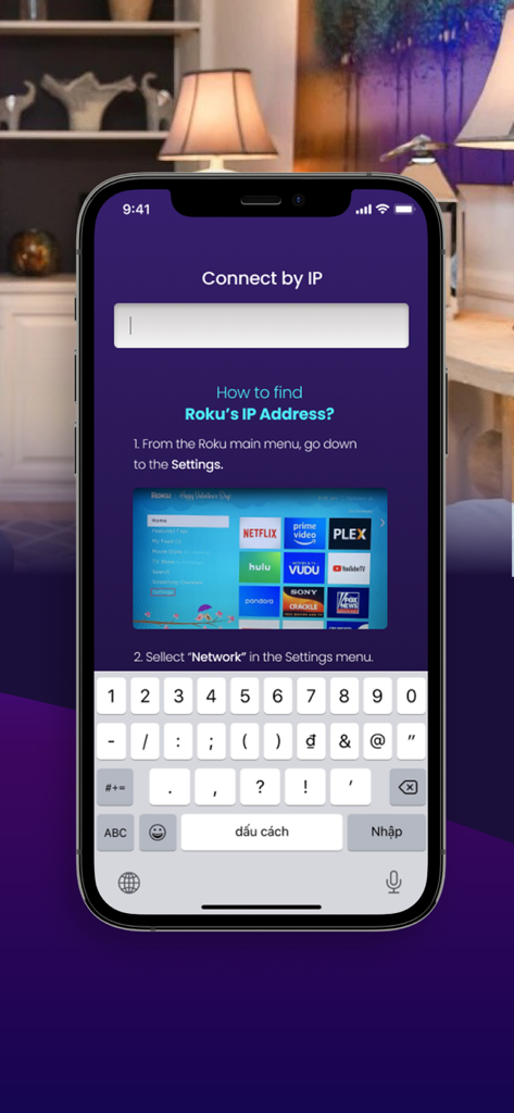 Remote for Roku TV & Channel - Pantalla de smartphone que muestra la configuración de Conectar por IP para una aplicación de control remoto de Roku TV con instrucciones de configuración.