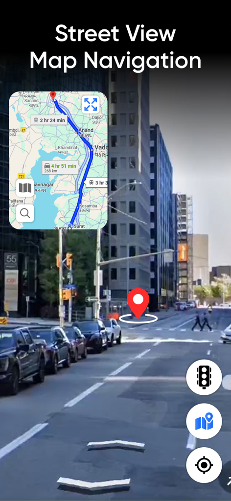 Street View Live 360 Map View - A mobile app interface displaying a street-level 360 degree panoramic view with a small route map overlay for navigation