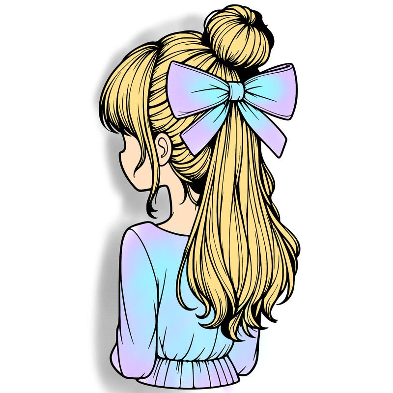 realistic girl  with hip length hair a bun and a big bow on the back of head