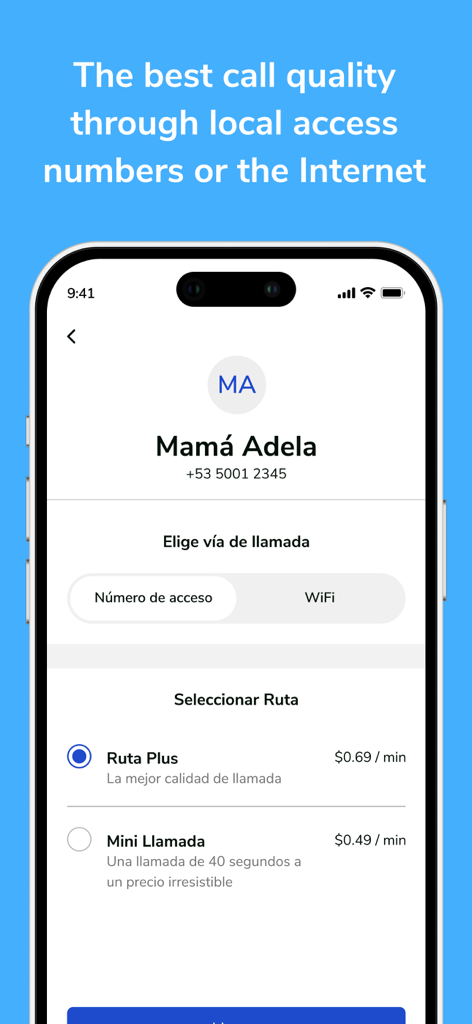 Cuballama app screen showing call options for a contact in Cuba including access number or WiFi and different rate routes.