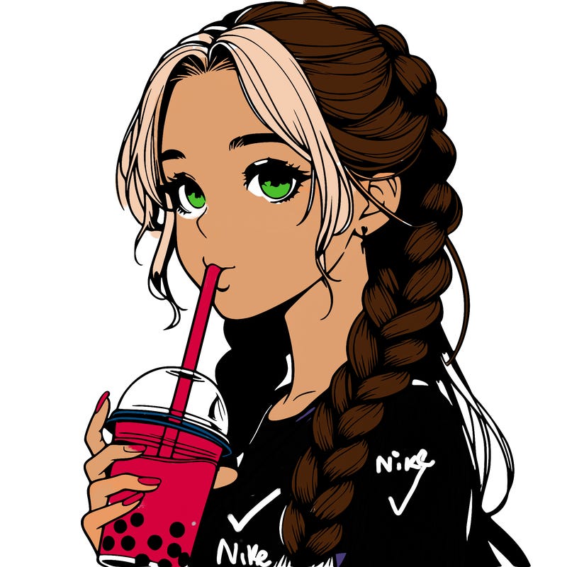 realistic girl with braided hair drinking boba