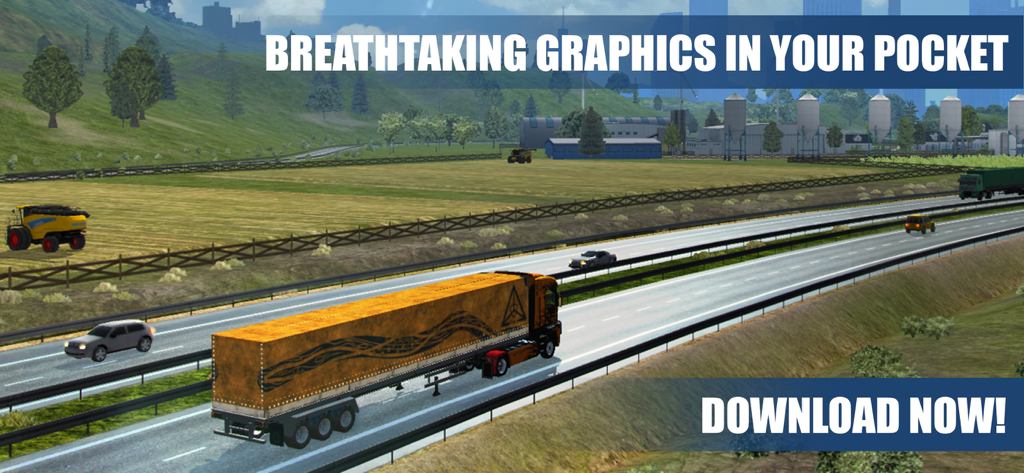 Truck Simulator PRO Europe - An orange semi-truck driving along a highway through a detailed 3D European countryside with farm fields and industrial silos