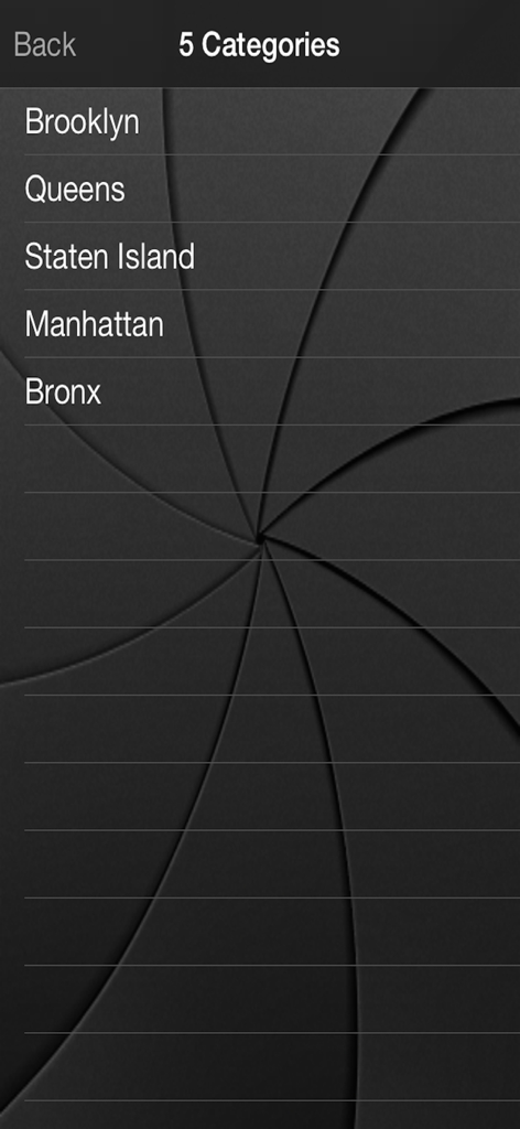 Camster! New York City - Menu showing the five New York City boroughs in the Camster app