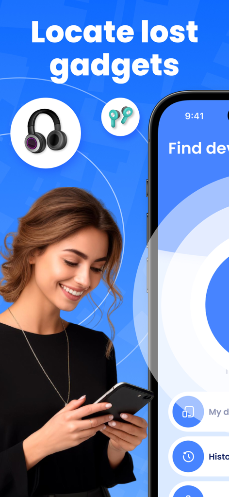Air Tracker, Device Finder App - A woman using the Air Tracker app on her smartphone to find lost Bluetooth headphones and earbuds