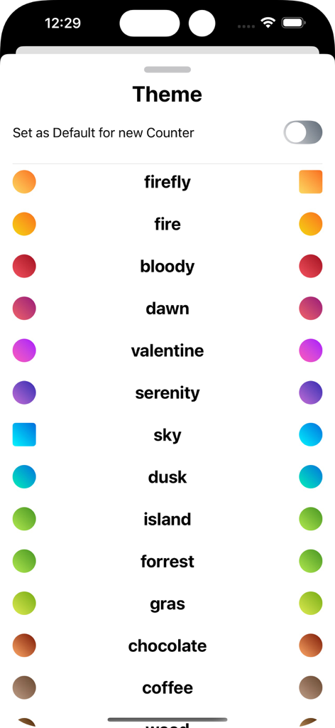 Counter - Tally Meister - Un menú dentro de la aplicación Counter Tally Meister que muestra varias opciones de temas de color como 'firefly dawn' y 'sky' con iconos degradados