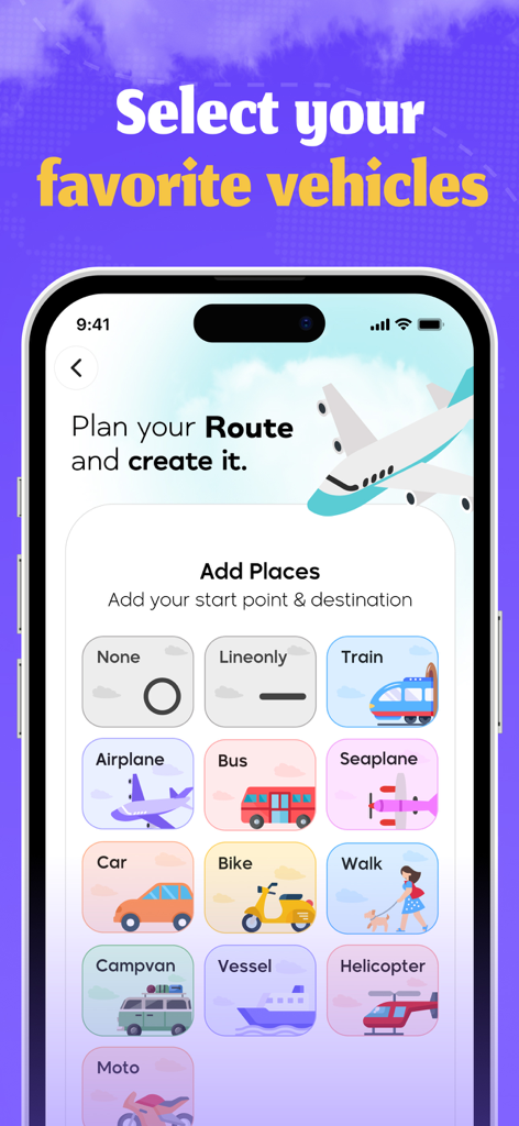 Interface for selecting transportation icons in the travel route animator app