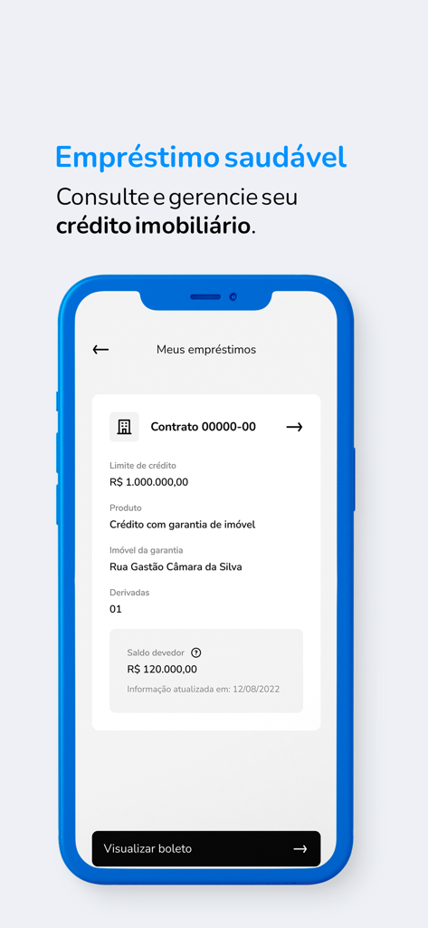 Banco Bari - Interface do aplicativo móvel Banco Bari exibindo detalhes do empréstimo imobiliário, incluindo limite de crédito e saldo devedor