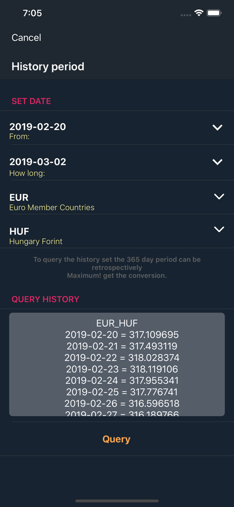 iCurrency Exchange Pro - Historical currency exchange rate query results for EUR and HUF within the iCurrency Exchange Pro app