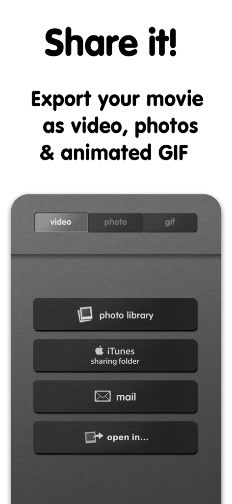 iMotion - Interface of iMotion app showing export and sharing options for videos photos and animated GIFs