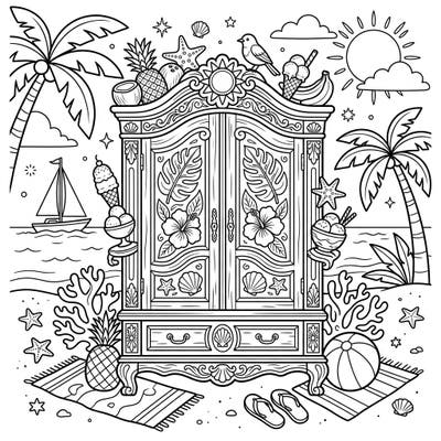 Unpack your creativity with this unique armoire coloring page, blending elegant furniture with vibrant summer vacation elements. Explore a delightful beach scene adorned with tropical fruits, ice cream, and sunny details, waiting for your artistic touch.