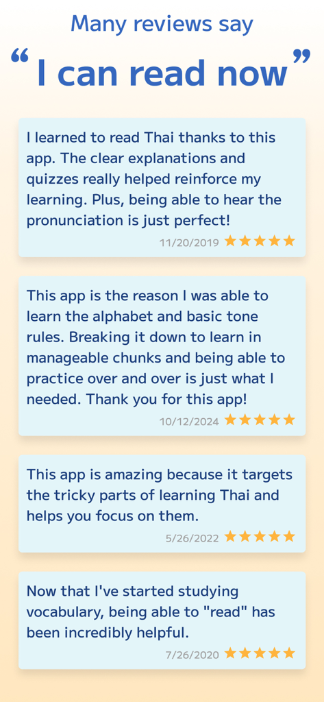 Positive user reviews for the Thai Reading Alphabet and Tone mobile application