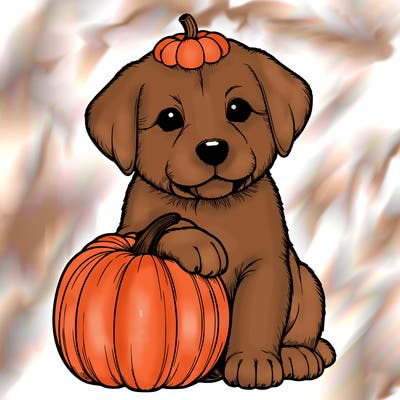 a realistic puppywith a pumpkin on his head