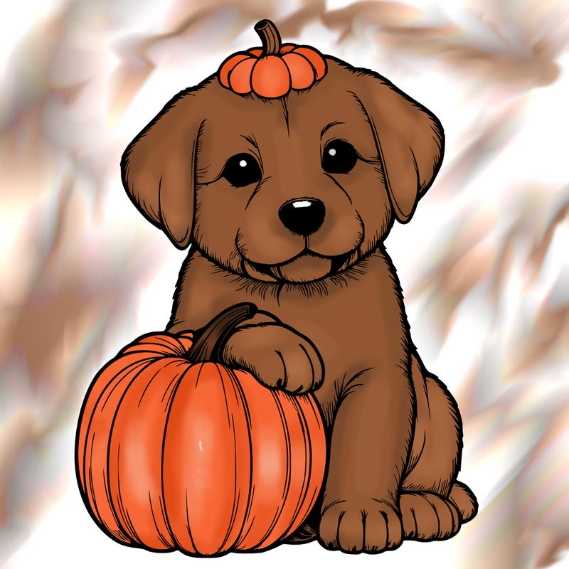 a realistic puppywith a pumpkin on his head