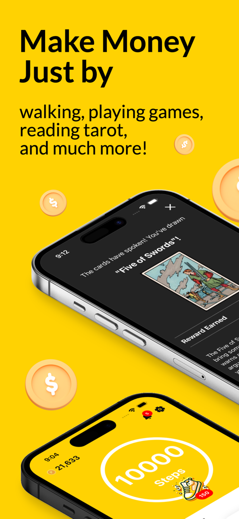 Money Bunny: Step Counter&Earn - Captura de pantalla de la aplicación Money Bunny que muestra el contador de pasos y las recompensas por actividades como caminar y leer tarot.