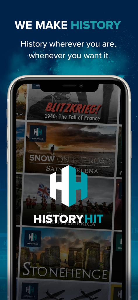 History Hit - Tela de smartphone exibindo a interface do aplicativo History Hit com vários documentários históricos
