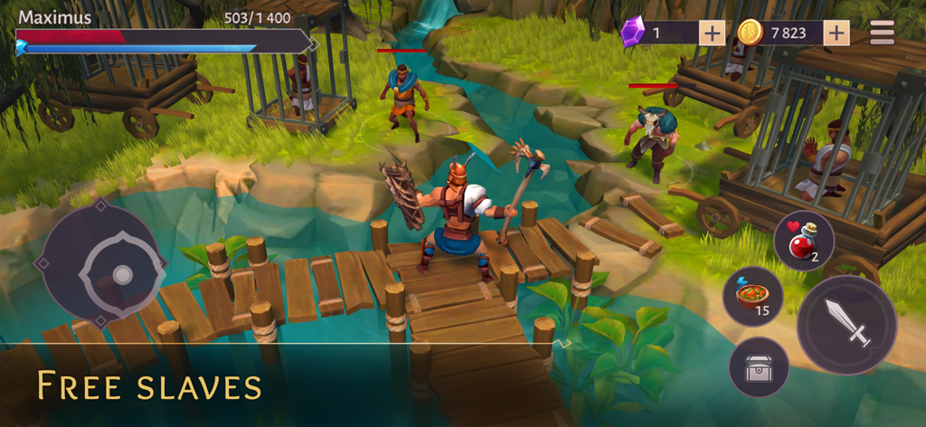 Gladiator Survival ・ Roman RPG - Un personaje gladiador se encuentra en un puente de madera enfrentándose a enemigos para rescatar esclavos en un escenario de RPG romano.