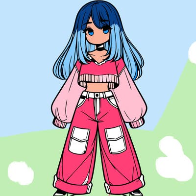 cute girl with straight hair in baggy jeans and a crop top and a sweater