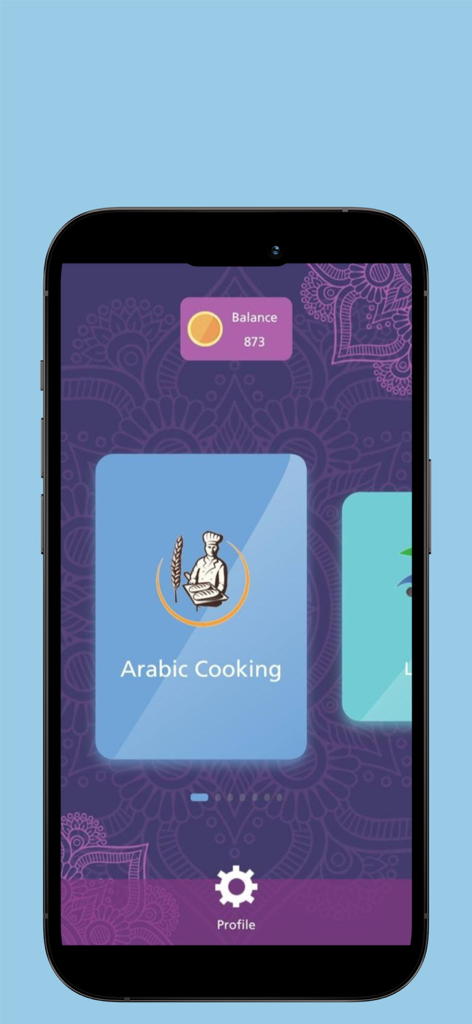 Manarati | منارتي - Manarati app interface showing an Arabic Cooking category card and user balance points.