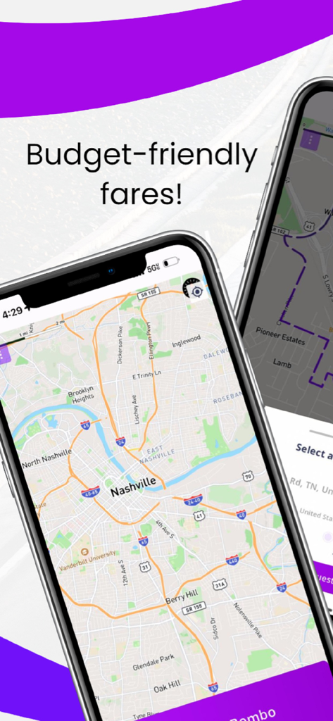Bombo Taxi - Pantalla del iPhone que muestra la interfaz del mapa de Bombo Taxi y el texto de tarifas económicas
