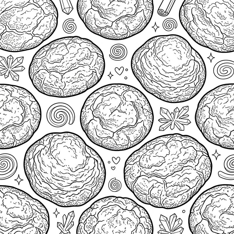 Dive into the delightful world of baking with our Snickerdoodle Cookies coloring page. This intricate design features a tempting array of these soft, cinnamony treats, ready for your creative touch.