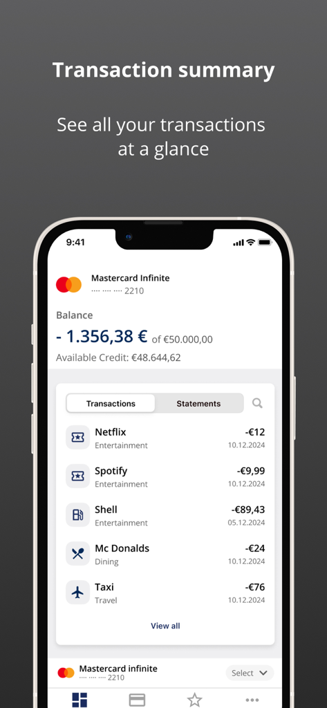 Capitol cards - Capitol cards app transaction summary screen showing Mastercard balance and recent purchases like Netflix and Spotify