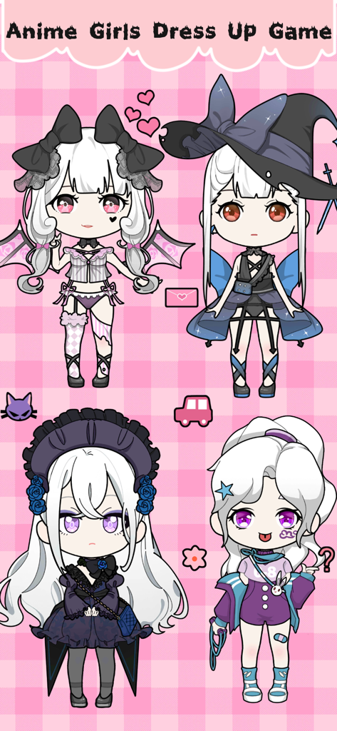 Four chibi anime characters in different fashion styles from the Vlinder Dolls dress up game